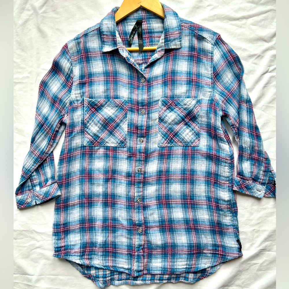 Seven7 Premium Quality Blue & Red Plaid 3/4 Sleeve Button Shirt size S|M Pocket